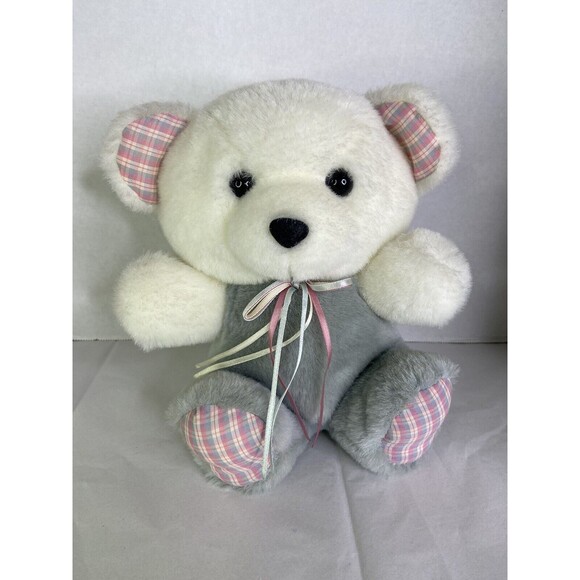 Vintage Dan Dee BEAR Gray White Pink Plaid Paws Ears Plush...